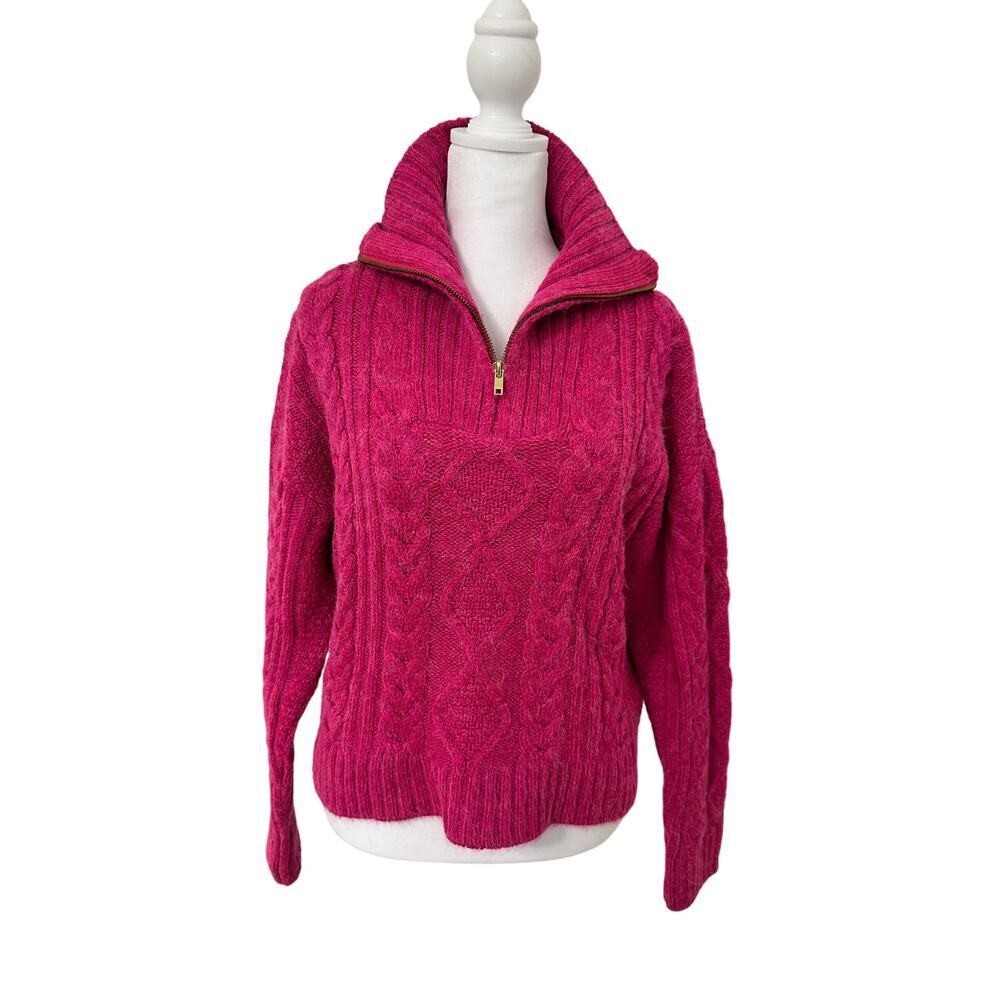 💖✨ Anthropologie Hot Pink Cable Knit Quarter Zip Sweater Size S - Cozy It Girl